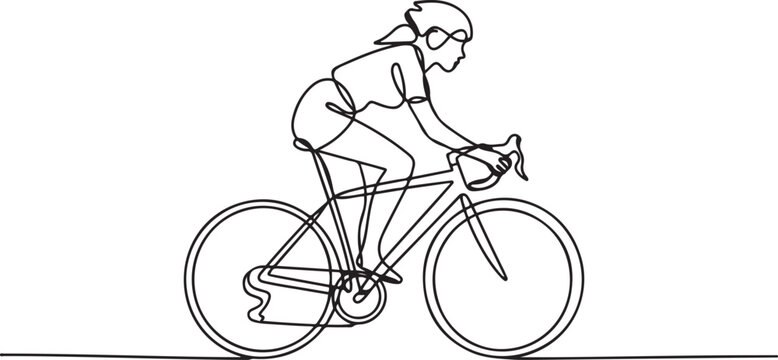 Young female cyclist in action, One continuous line drawing young sporty woman bicycle racer pedaling her bike so fast. one line Icon drawing with white background