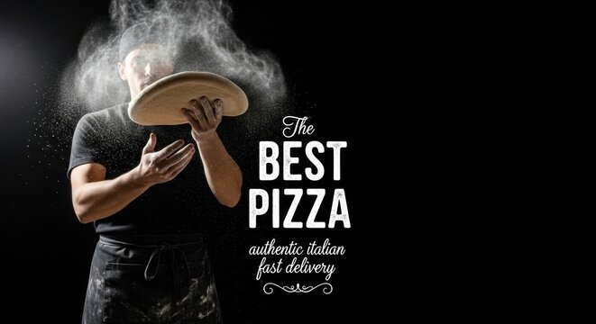A pizza chef, wearing a dark shirt and apron, is expertly tossing pizza dough, sending a cloud of flour into the air, with the text 'The BEST PIZZA authentic Italian fast delivery' on the right - Powered by Adobe