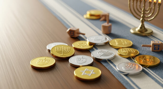 Celebrating Hanukkah with chocolate coins and traditional dreidels on wooden surface. Hanukkah celebration includes decorations like menorah, chocolate money and spinning tops for holiday spirit, - Powered by Adobe
