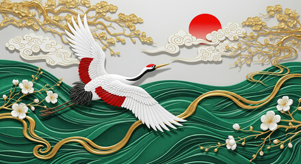 Obraz premium Elegant Japanese red-crowned crane flying over stylized green waves under a red sun.