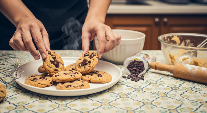 Hands arranging freshly baked chocolate chip cookies on a white plate in a cozy home kitchen setting, with other baking items around on a patterned tablecloth