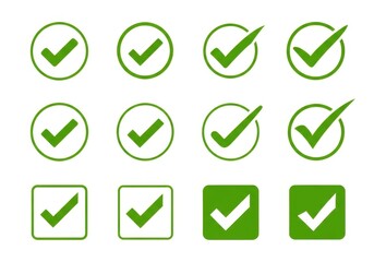 Collection of green checkmarks in circles and squares isolated on white background