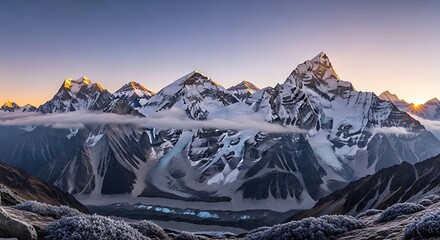 Golden sunrise over the majestic snow capped Himalayan mountains.