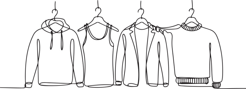 Set of drawing of hands holding hoodie, t shirt, tank top, jacket, and sweater in continuous one line drawing style
