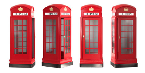 Set of classic red telephone booths. Photo of british red telephone booth isolated on transparent background. Png 