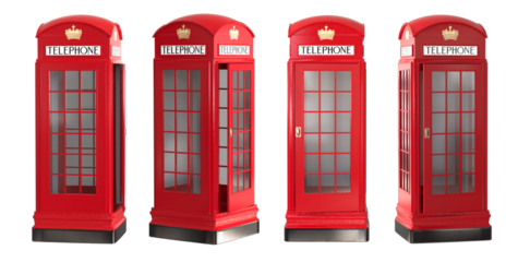 Set of classic red telephone booths. Photo of british red telephone booth isolated on transparent background. Png 