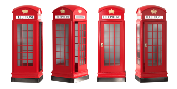 Set of classic red telephone booths. Photo of british red telephone booth isolated on transparent background. Png  - Powered by Adobe