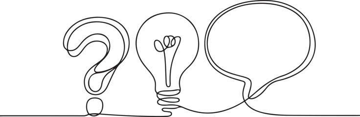 Obraz premium Hand drawn one line vector. Quick tips. Continuous one line drawing of question mark, light bulb and speech bubbles. one line Icon drawing with white background