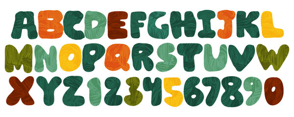 Vector alphabet font typography in bold soft style. Funky modern design with organic, rough texture, bright colors. Childish, doodle letter set for kindergarten abc poster. Creative eco print, pop art