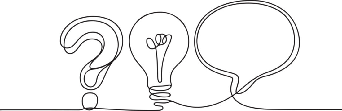 Hand drawn one line vector. Quick tips. Continuous one line drawing of question mark, light bulb and speech bubbles. one line Icon drawing with white background