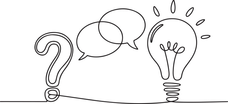 Hand drawn one line vector. Quick tips. Continuous one line drawing of question mark, light bulb and speech bubbles. one line Icon drawing with white background