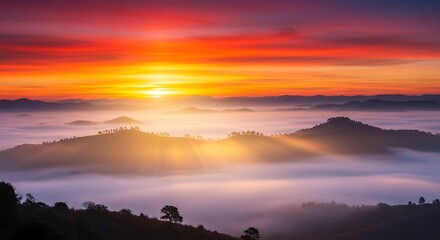 Obraz premium Spectacular sunrise over a sea of fog covering the mountains.