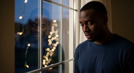 Man looking pensively out window at night with soft light background  