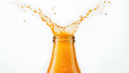 Refreshing orange juice explosion from glass bottle creates dynamic splash, ideal for vibrant beverage promotions and healthy lifestyle content
