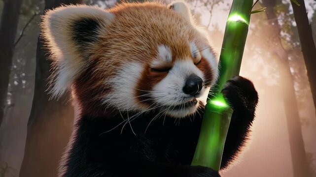 Red panda hugging a bamboo stalk in a misty forest