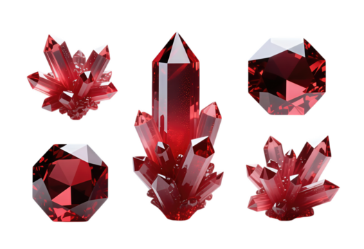 Vivid red gemstone collection with faceted crystals and polished shapes