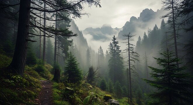 Misty Forest Landscape with Evergreen Trees and Mountain Backdrop.