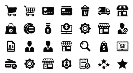 E-Commerce and Business Icon Set – 30 Black Symbols on White Grid