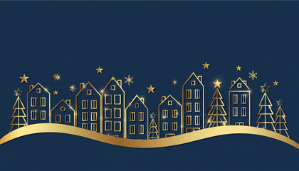 Gold & Blue Line-Art Christmas Village on Dark Navy