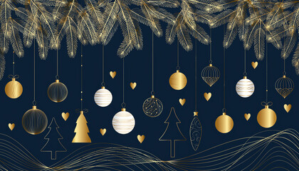 Minimalist Line Art Christmas Banner (Blue & Gold Theme)