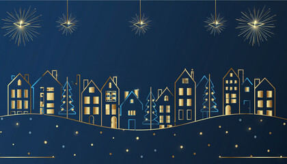 Gold & Blue Line-Art Christmas Village on Dark Navy