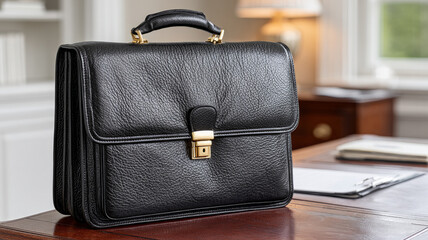 Elegant black leather briefcase on a polished office desk.