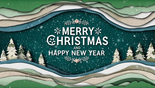 Horizontal green Merry Christmas and Happy New Year greeting card header banner in paper art style with snowy winter landscape snow covered trees for holiday message and festive background
