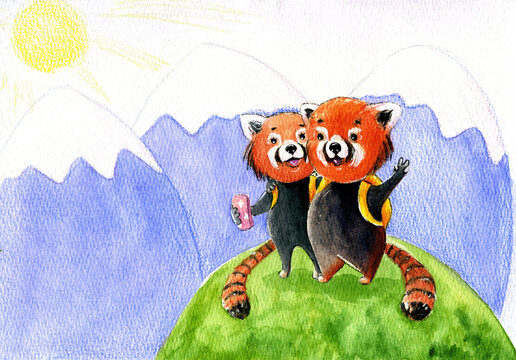 A cute watercolor illustration of two happy red pandas with backpacks on a green hill, posing for a selfie against the backdrop of snowy mountains and a bright sun. - Powered by Adobe