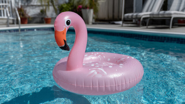 Pink flamingo float in a swimming pool.