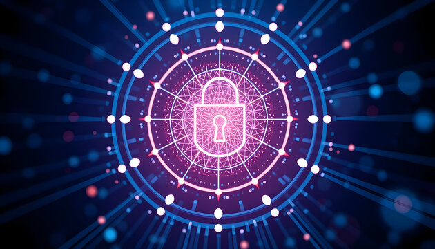 Abstract concepts of cybersecurity technology and digital data protection. Protect internet network connection with polygons, dots and lines in the center blur slow motion with dark blue background.