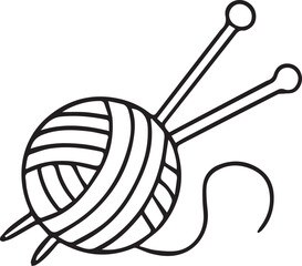Hand-drawn doodle style illustration of a yarn ball with knitting needles, created with fine liner strokes. Simple black and white vector coloring page design for craft, hobby, knitting, crochet, hand
