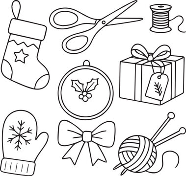 Hand-drawn doodle vector set of Christmas stocking, mitten with snowflake, gift box, bow, yarn ball with needles, scissors and thread spool, created in simple black and white line art for festive craf