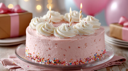 Pink frosted cake with candles and sprinkles, gift boxes, balloons.