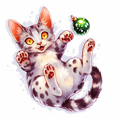 Soft grey cat with a festive ornament tail brings cozy vibes to pastel gothic Christmas celebrations