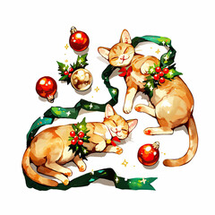 Cozy pastel yellow cats adorned with Christmas ornaments and festive ribbons bring a cheerful vibe to winter celebrations