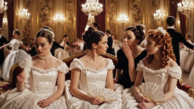 Set in a stunning ballroom, ladies in elegant gowns share whispers and laughter while a dance unfolds around them. The atmosphere is filled with excitement and elegance all around.
