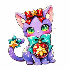 Cute lavender cat with an ornament tail brings joy and whimsy to pastel gothic Christmas celebrations in a cozy setting