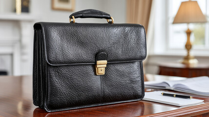 Leather briefcase on a desk in an office setting.