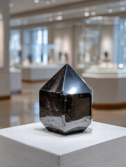 Black crystal gemstone on display in a museum.