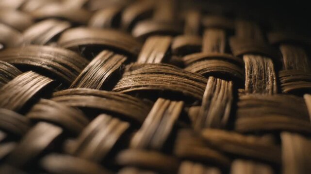 Close-up of a woven brown basket with a shallow depth of field on a white background