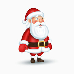 Santa Claus in a red suit with a white beard, hat and glasses. The cute smiling Christmas character that can be used for Christmas cards, festive designs, seasonal projects. Vector illustration