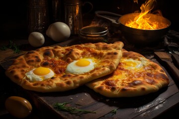 Khachapuri, a traditional georgian dish, features a flatbread topped with cheese and sunny side up eggs, creating a visually appealing and flavorful culinary experience