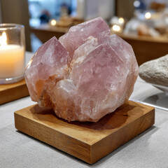 Rose quartz crystal on wooden base beside a lit candle.
