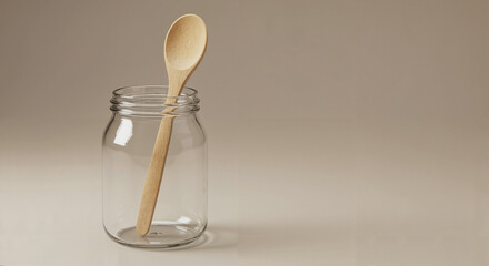 Glass jar with a wooden spoon placed in neutral background  