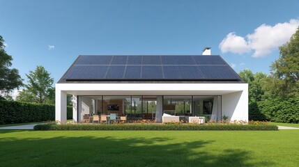 Fototapeta premium Modern home featuring solar panels for sustainable energy, set against a clear blue sky.