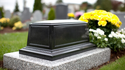 Black tombstone with flowers in a peaceful cemetery setting.