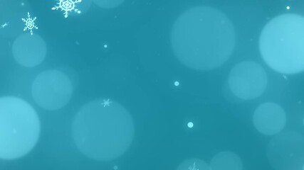 Abstract teal background with shimmering light blue bokeh circles and delicate white snowflakes, creating a serene winter or festive atmosphere. - Powered by Adobe