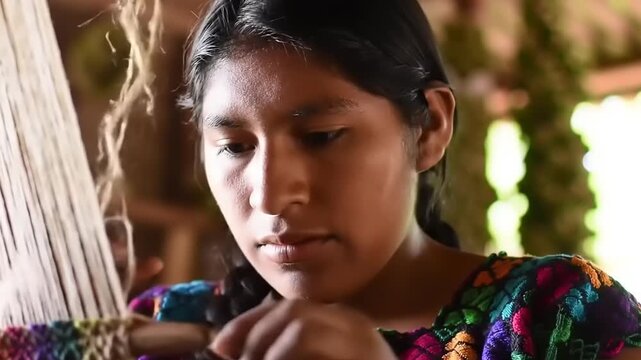 Indigenous woman weaving textile craft.