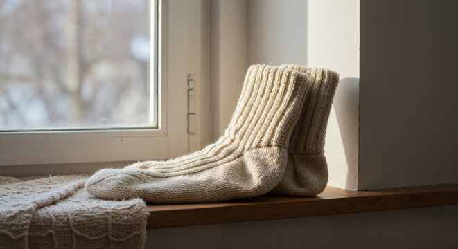 Cozy knitted socks resting on windowsill with soft natural light