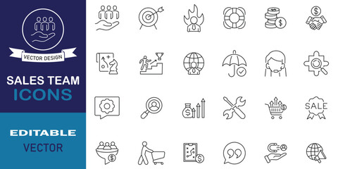 Sales team line editable icon set. Set of 24 sales team icon related to prospect, conversion, salesperson, marketing, conversion, deal, group, talking, sales report, sales department and more symbol.
